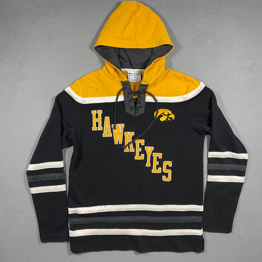 Champion Iowa Hawkeyes Hoodie Mens Size M Black Yellow Lace Up Hockey Style